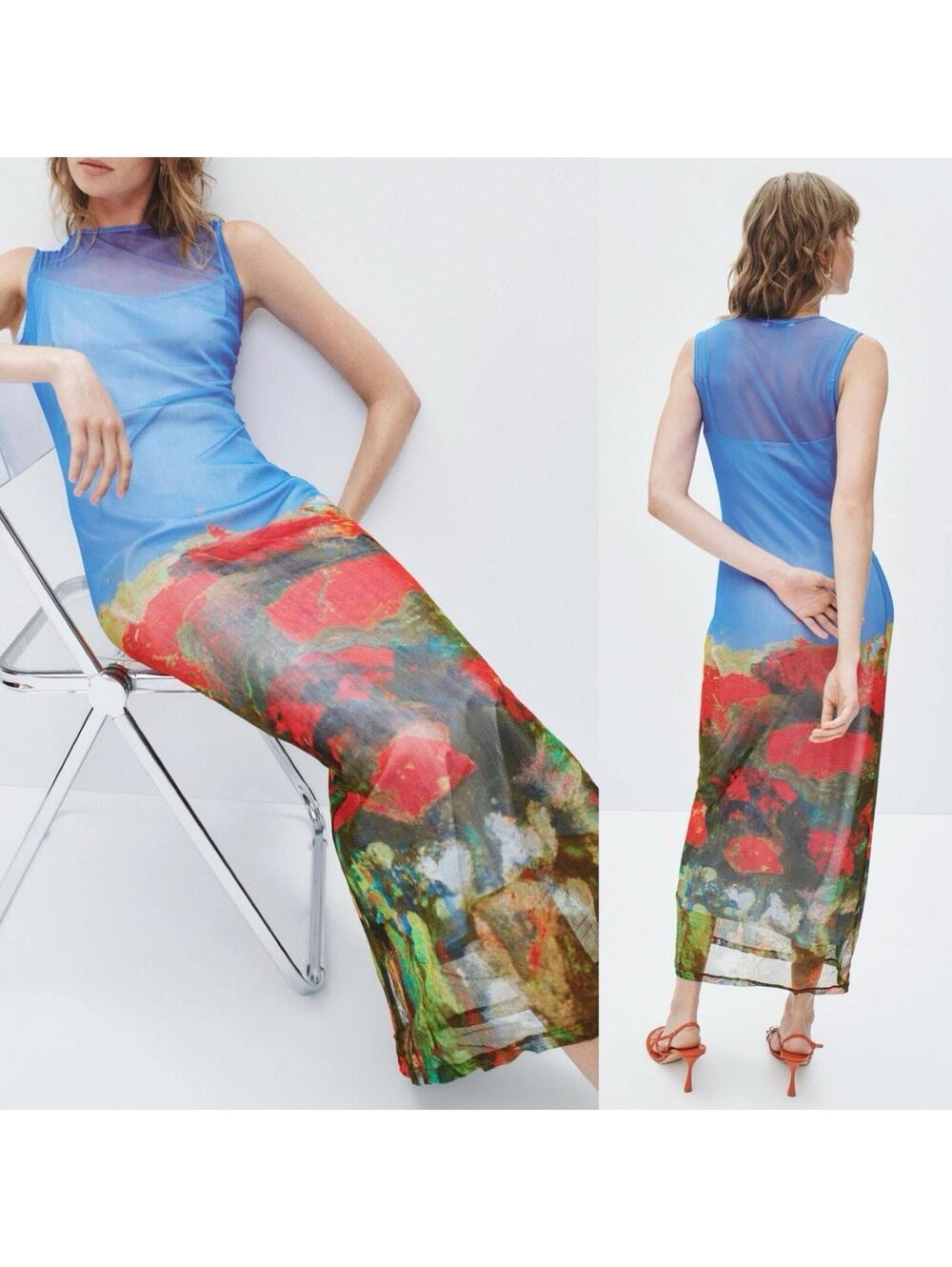 (FLAW) Wynn Hamlyn Rose Field Mesh Maxi Dress w/ Built in Slip Dress - Size 6